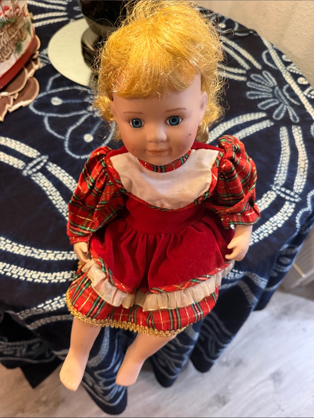Vintage Porcelain Holiday Doll in Festive Velvet & Stripe Dress